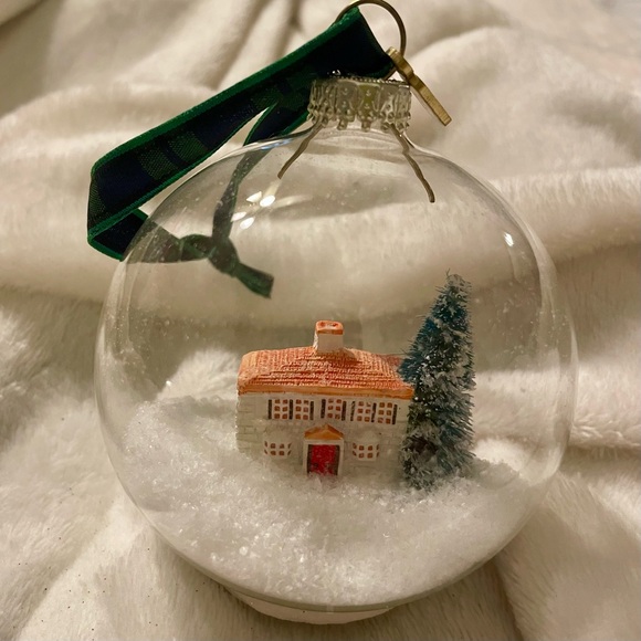 TALBOTS 2018 Snow Globe ornament w/colonial home, tree & plaid ribbon to hang w/ - Picture 7 of 8